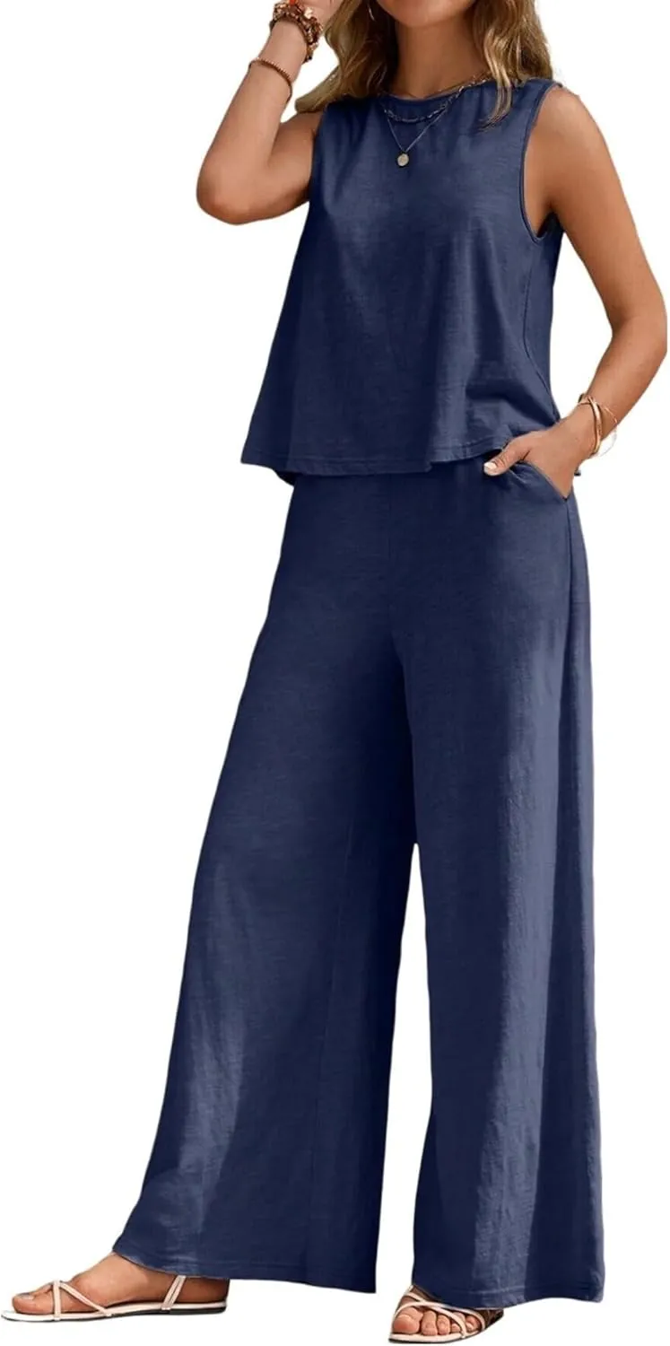 2 Piece Linen Set for Women Casual Loose Tank Top Wide Leg Pantsuits Summer Beach Travel Outfits Tracksuit