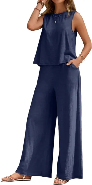 2 Piece Linen Set for Women Casual Loose Tank Top Wide Leg Pantsuits Summer Beach Travel Outfits Tracksuit