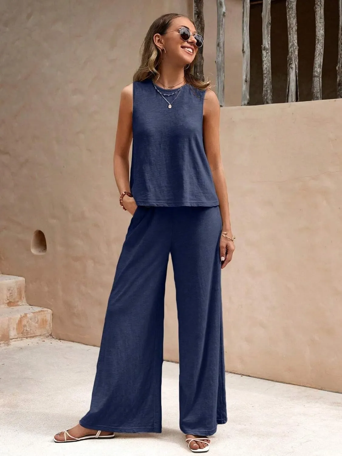 2 Piece Linen Set for Women Casual Loose Tank Top Wide Leg Pantsuits Summer Beach Travel Outfits Tracksuit