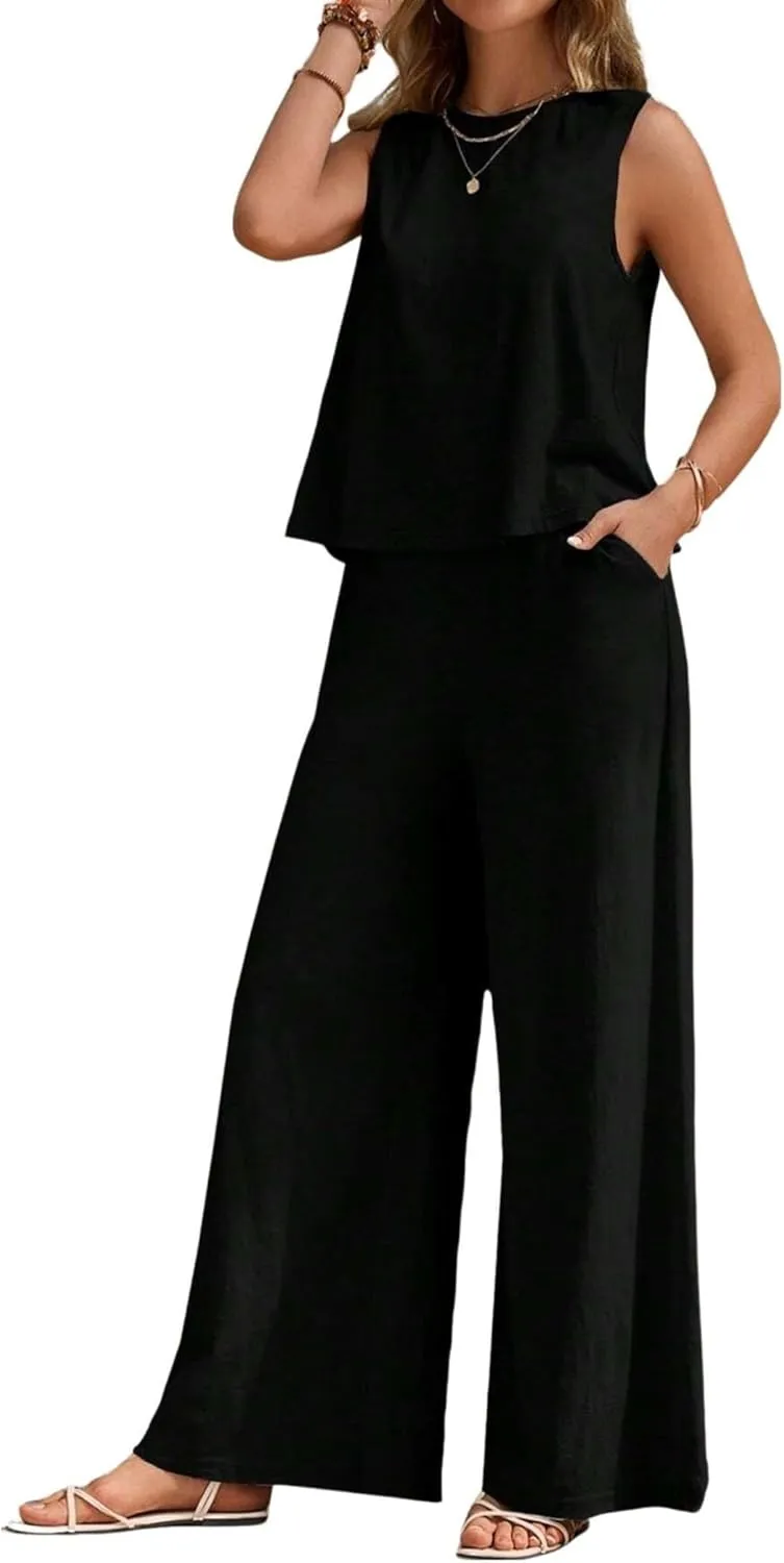 2 Piece Linen Set for Women's 2025 Summer Casual Loose Tank Top Wide Leg Pants Beach Travel Outfits Tracksuit