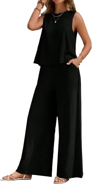 2 Piece Linen Set for Women's 2025 Summer Casual Loose Tank Top Wide Leg Pants Beach Travel Outfits Tracksuit