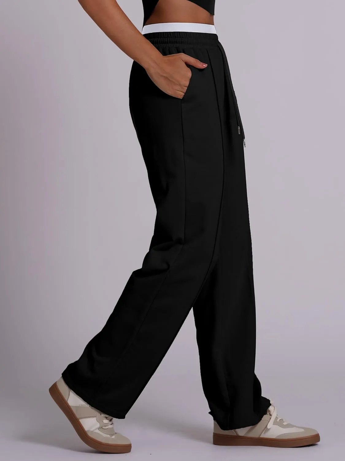 ABOCIW Womens Two Tone Wide Leg Sweatpants Fleece High Waisted Baggy Sweat Pants Drawstring Athletic Joggers