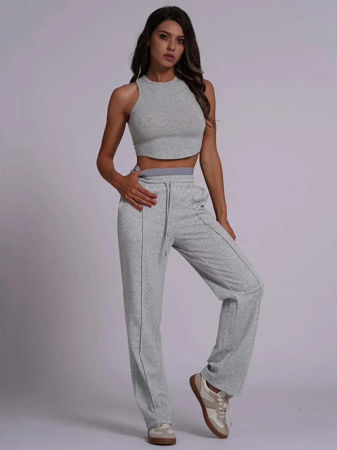ABOCIW Womens Two Tone Wide Leg Sweatpants Fleece High Waisted Baggy Sweat Pants Drawstring Athletic Joggers