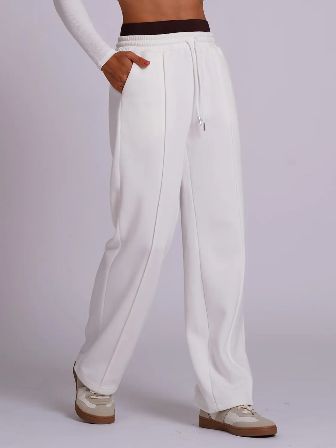 ABOCIW Womens Two Tone Wide Leg Sweatpants Fleece High Waisted Baggy Sweat Pants Drawstring Athletic Joggers