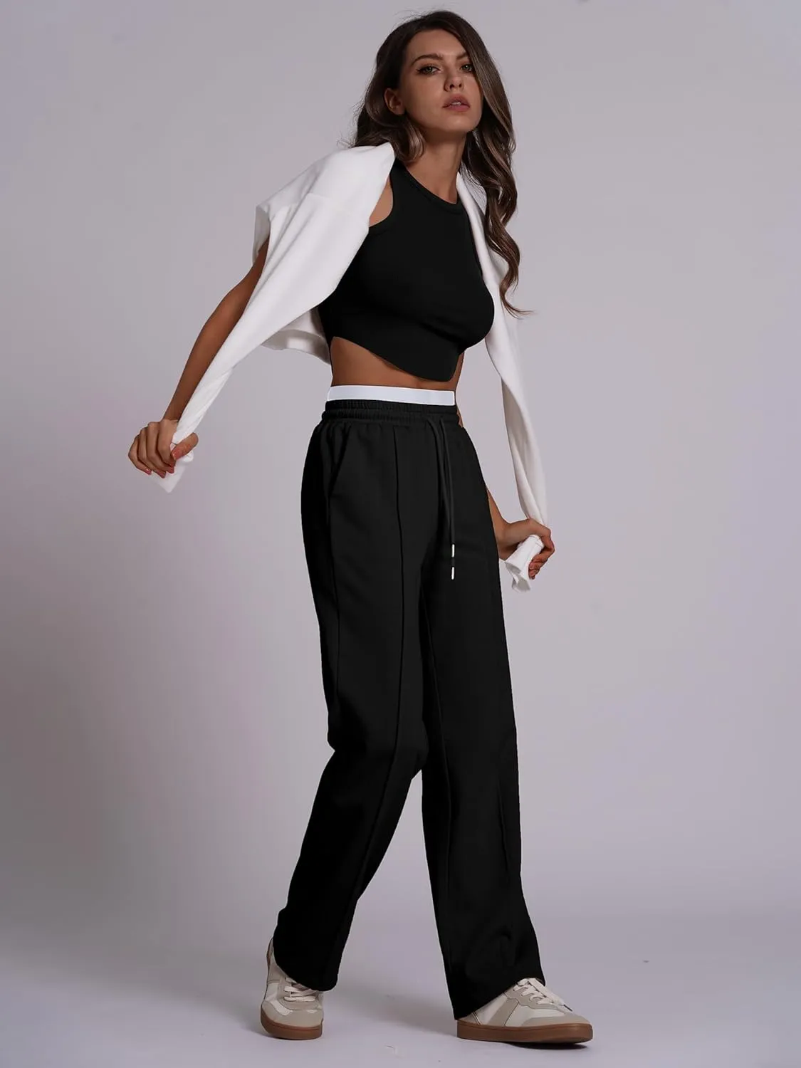ABOCIW Womens Two Tone Wide Leg Sweatpants Fleece High Waisted Baggy Sweat Pants Drawstring Athletic Joggers