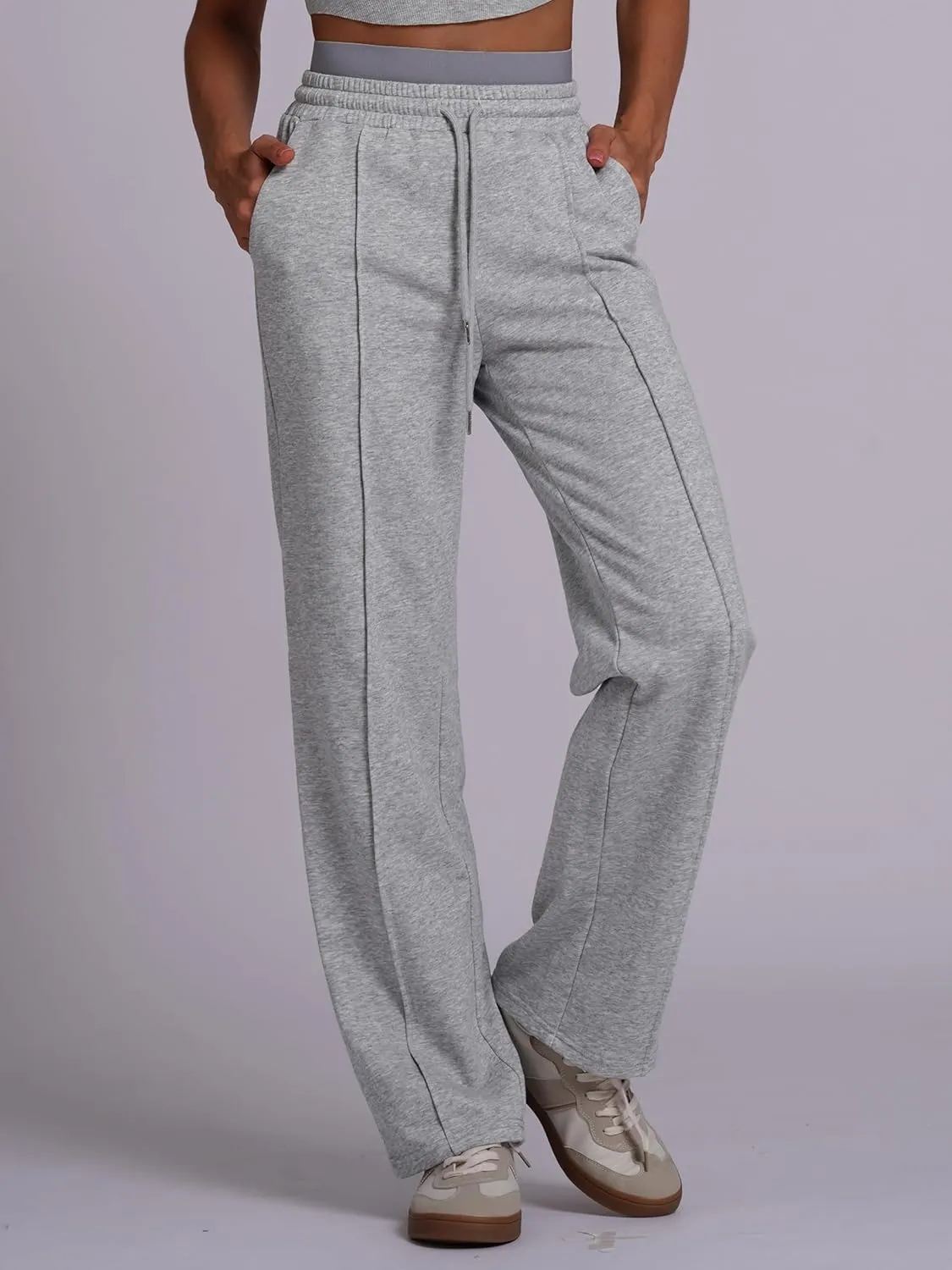 ABOCIW Womens Two Tone Wide Leg Sweatpants Fleece High Waisted Baggy Sweat Pants Drawstring Athletic Joggers