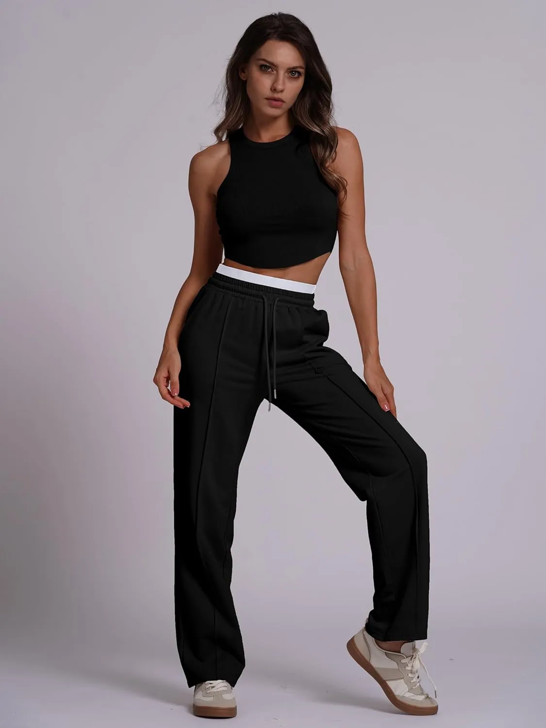 ABOCIW Womens Two Tone Wide Leg Sweatpants Fleece High Waisted Baggy Sweat Pants Drawstring Athletic Joggers