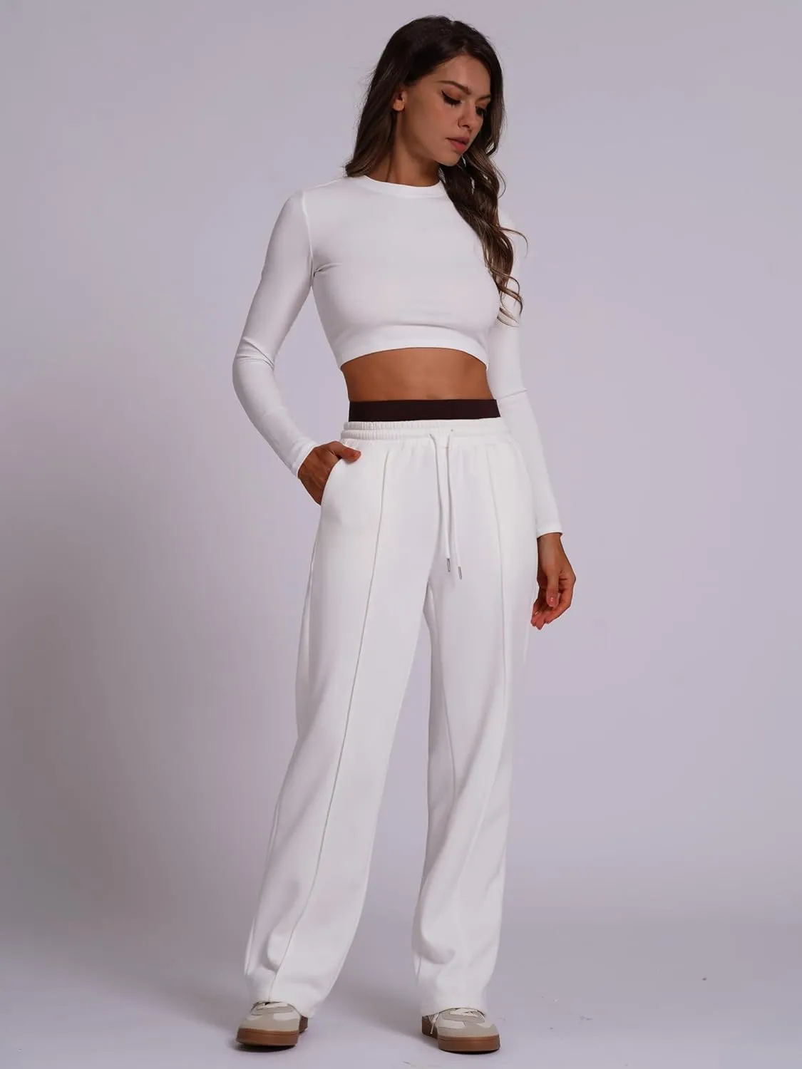 ABOCIW Womens Two Tone Wide Leg Sweatpants Fleece High Waisted Baggy Sweat Pants Drawstring Athletic Joggers