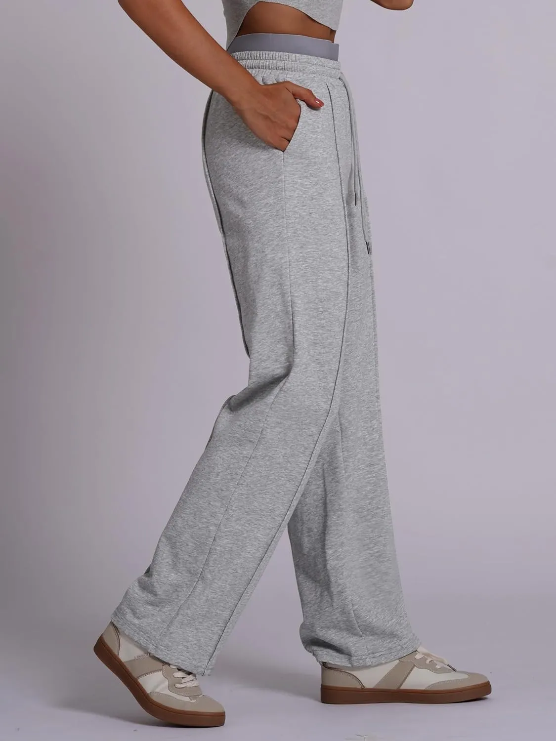 ABOCIW Womens Two Tone Wide Leg Sweatpants Fleece High Waisted Baggy Sweat Pants Drawstring Athletic Joggers