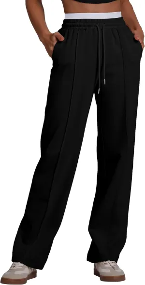 ABOCIW Womens Two Tone Wide Leg Sweatpants Fleece High Waisted Baggy Sweat Pants Drawstring Athletic Joggers