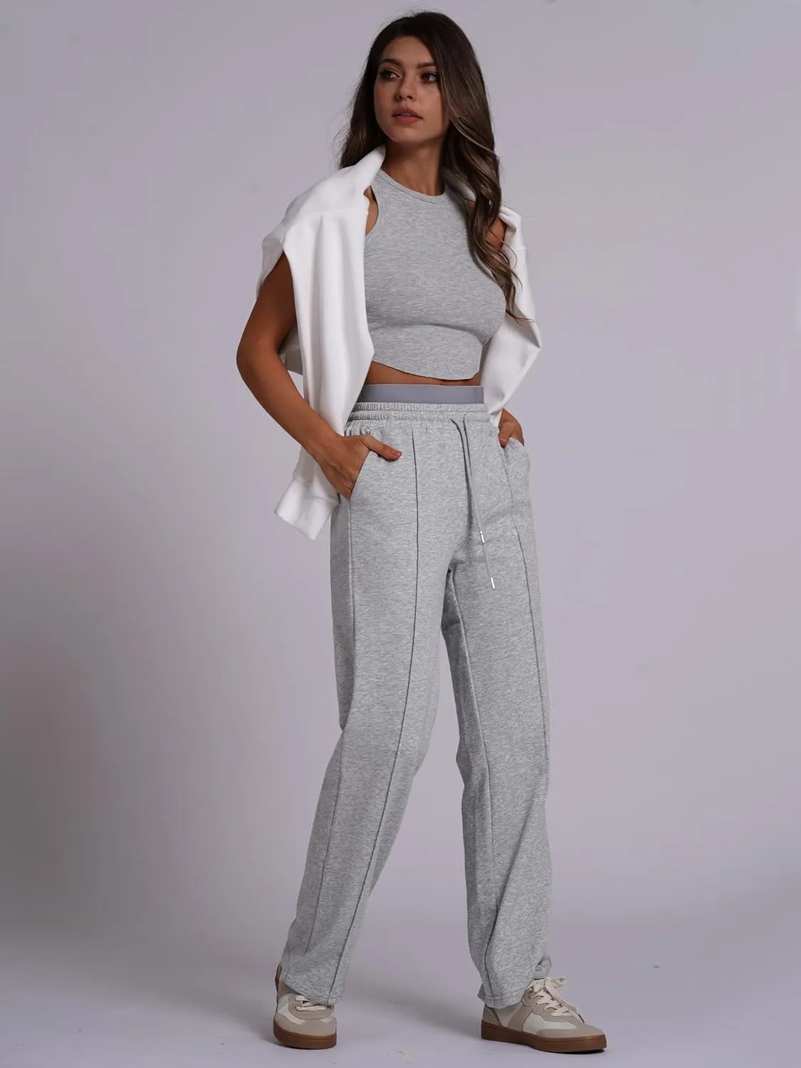 ABOCIW Womens Two Tone Wide Leg Sweatpants Fleece High Waisted Baggy Sweat Pants Drawstring Athletic Joggers