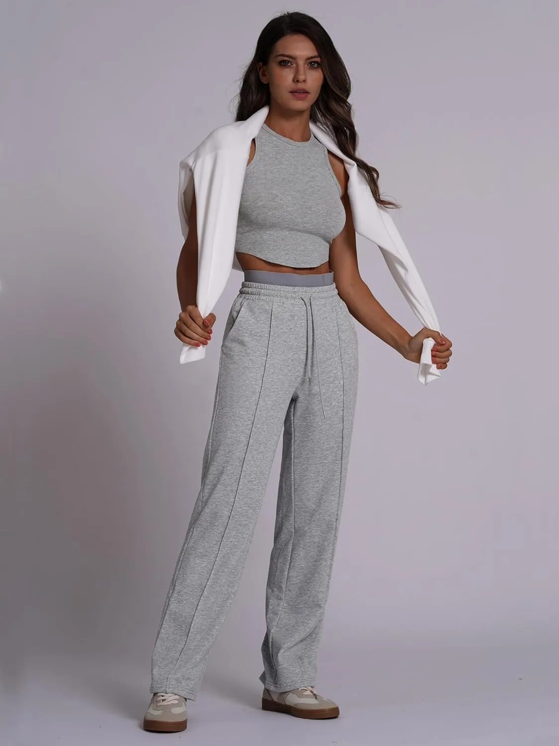 ABOCIW Womens Two Tone Wide Leg Sweatpants Fleece High Waisted Baggy Sweat Pants Drawstring Athletic Joggers