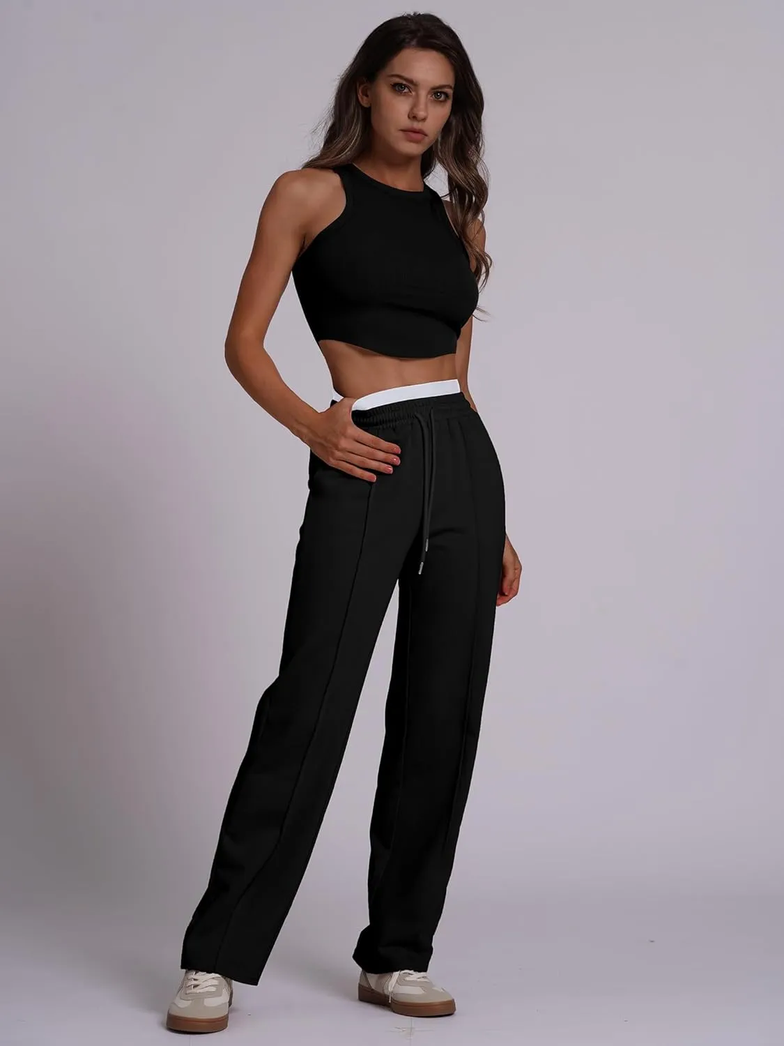 ABOCIW Womens Two Tone Wide Leg Sweatpants Fleece High Waisted Baggy Sweat Pants Drawstring Athletic Joggers
