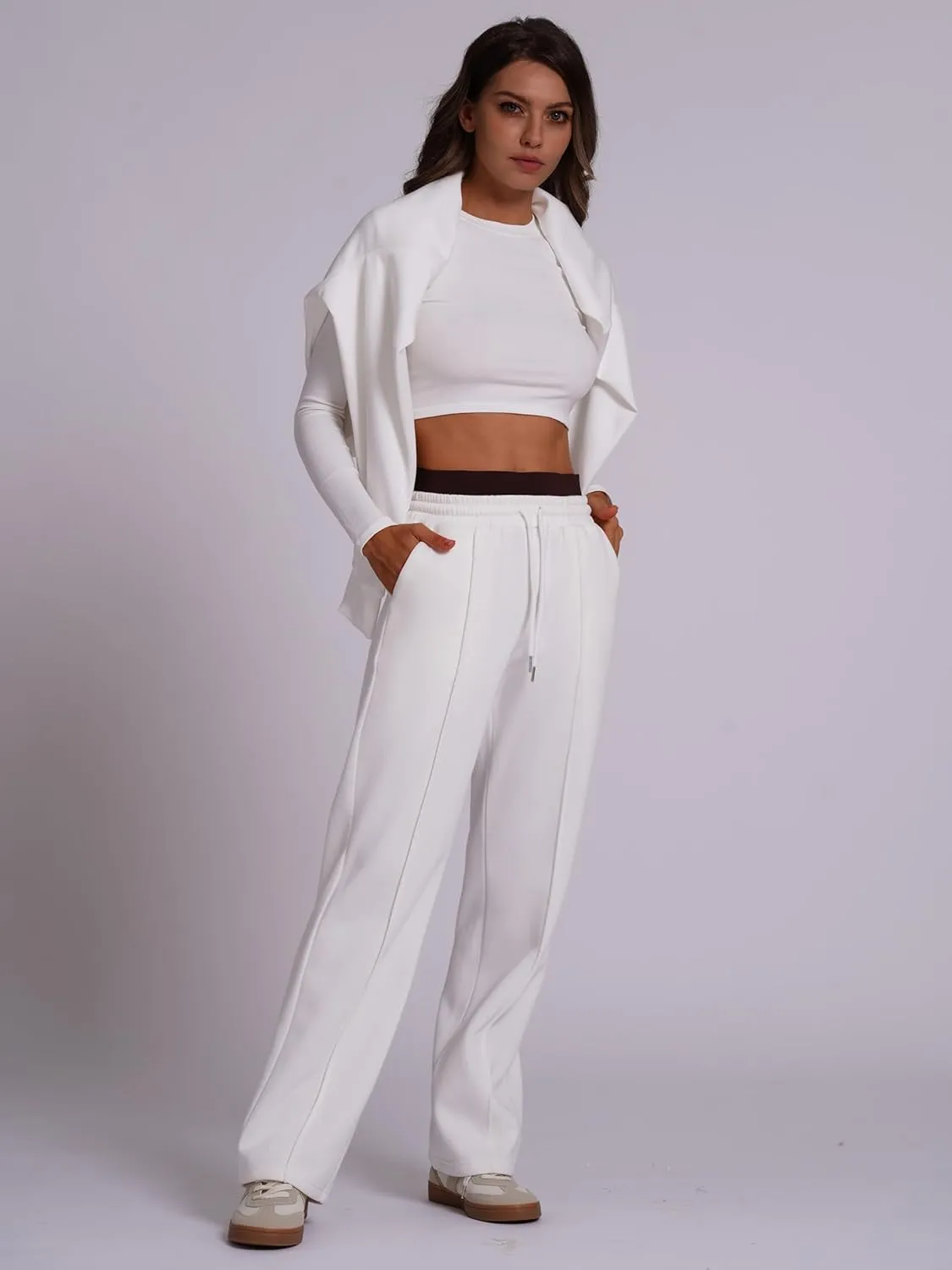 ABOCIW Womens Two Tone Wide Leg Sweatpants Fleece High Waisted Baggy Sweat Pants Drawstring Athletic Joggers
