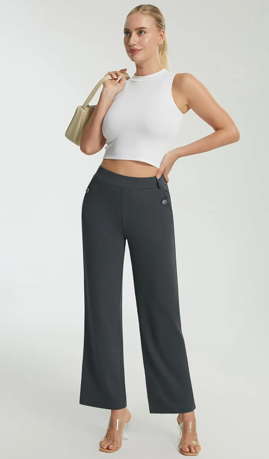 AFITNE Women's Yoga Dress Pants High Waist Pull On Dressy Work Pants Stretchy Business Casual Ankle Length Trousers