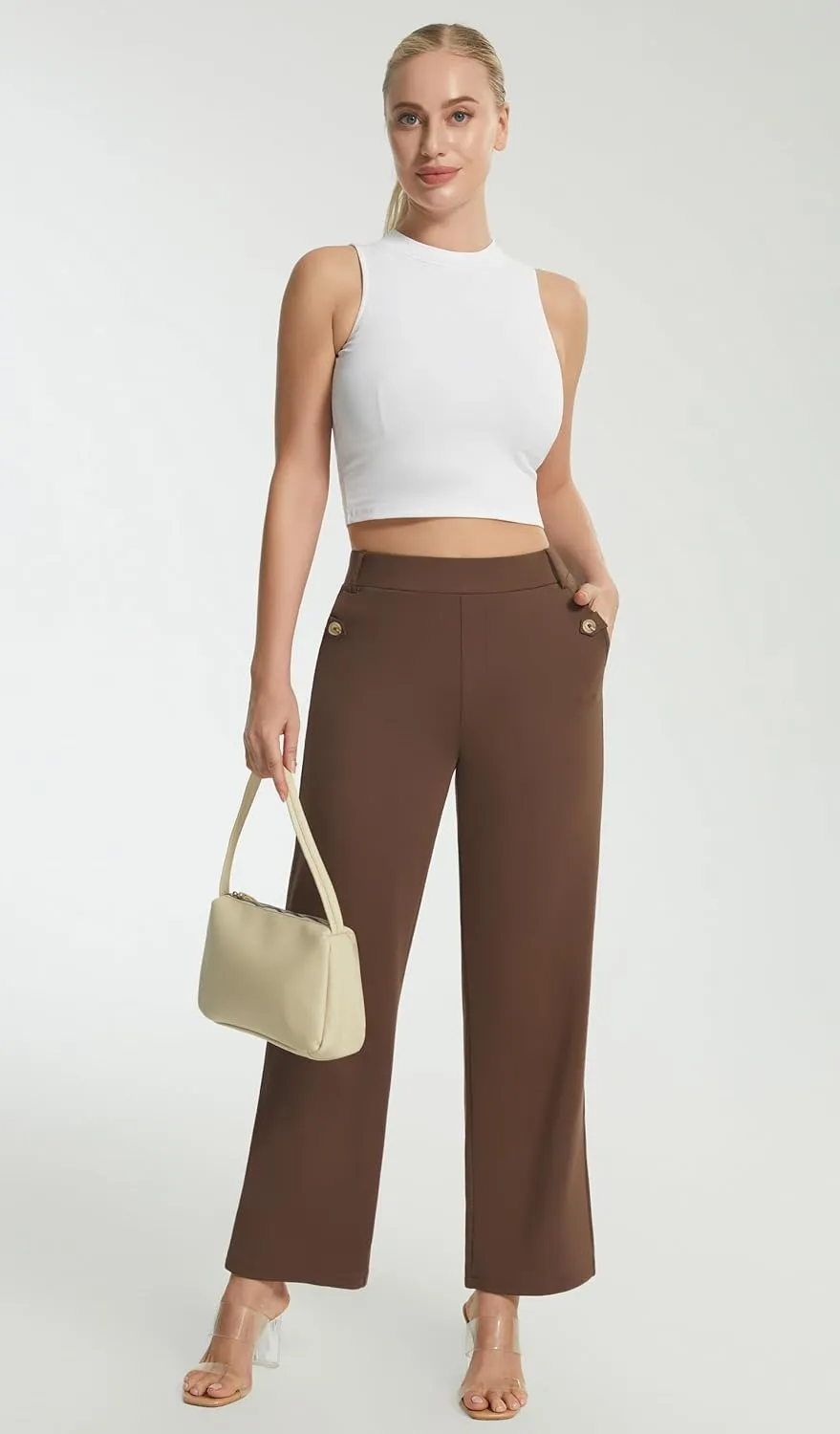 AFITNE Women's Yoga Dress Pants High Waist Pull On Dressy Work Pants Stretchy Business Casual Ankle Length Trousers