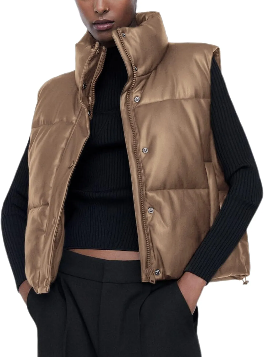 Ailoqing Womens Faux Leather Puffer Vest Zip Up Sleeveless Winter Cropped Jacket