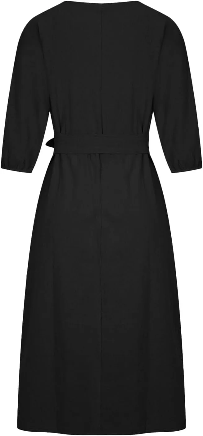 Akivide Women's Cotton Linen Puff Half Sleeve Tie Belt Midi Dress Summer Casual Vacation Shift Crewneck Tshirt Dress