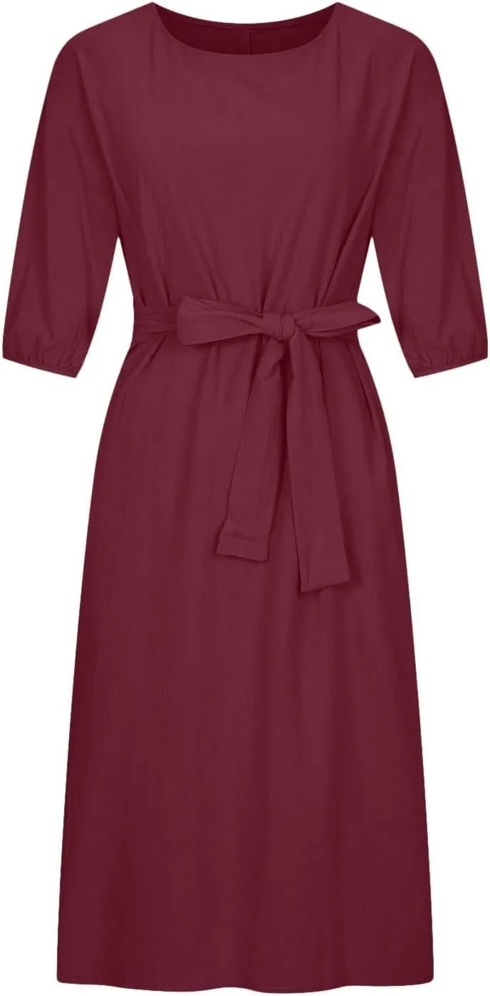 Akivide Women's Cotton Linen Puff Half Sleeve Tie Belt Midi Dress Summer Casual Vacation Shift Crewneck Tshirt Dress
