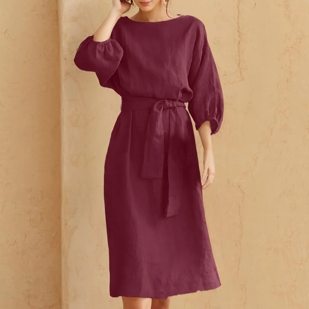 Akivide Women's Cotton Linen Puff Half Sleeve Tie Belt Midi Dress Summer Casual Vacation Shift Crewneck Tshirt Dress