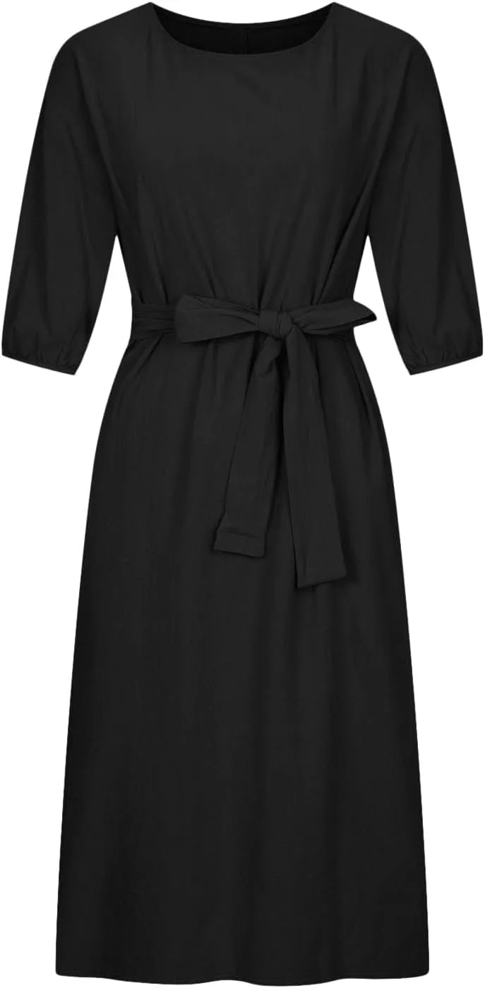 Akivide Women's Cotton Linen Puff Half Sleeve Tie Belt Midi Dress Summer Casual Vacation Shift Crewneck Tshirt Dress