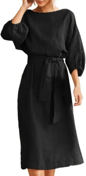 Akivide Women's Cotton Linen Puff Half Sleeve Tie Belt Midi Dress Summer Casual Vacation Shift Crewneck Tshirt Dress