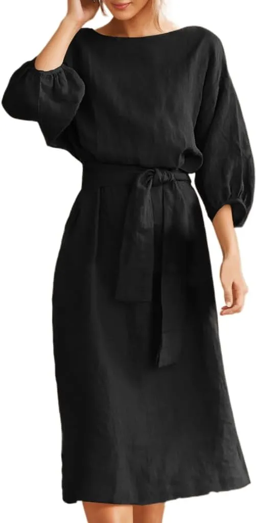 Akivide Women's Cotton Linen Puff Half Sleeve Tie Belt Midi Dress Summer Casual Vacation Shift Crewneck Tshirt Dress
