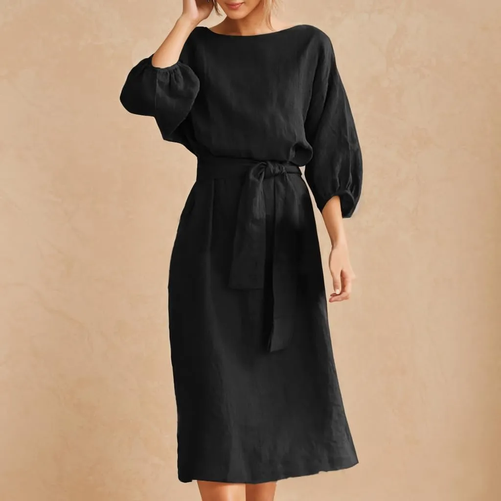 Akivide Women's Cotton Linen Puff Half Sleeve Tie Belt Midi Dress Summer Casual Vacation Shift Crewneck Tshirt Dress
