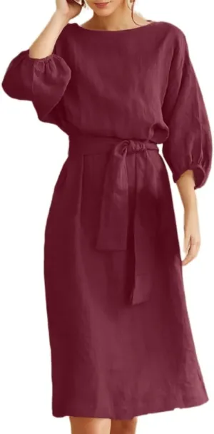 Akivide Women's Cotton Linen Puff Half Sleeve Tie Belt Midi Dress Summer Casual Vacation Shift Crewneck Tshirt Dress