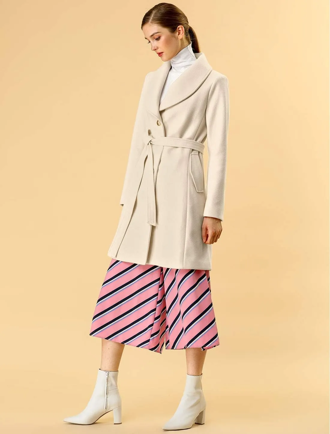 Allegra K Women's 2024 Winter Coat Shawl Collar Belted Single Breasted Overcoats