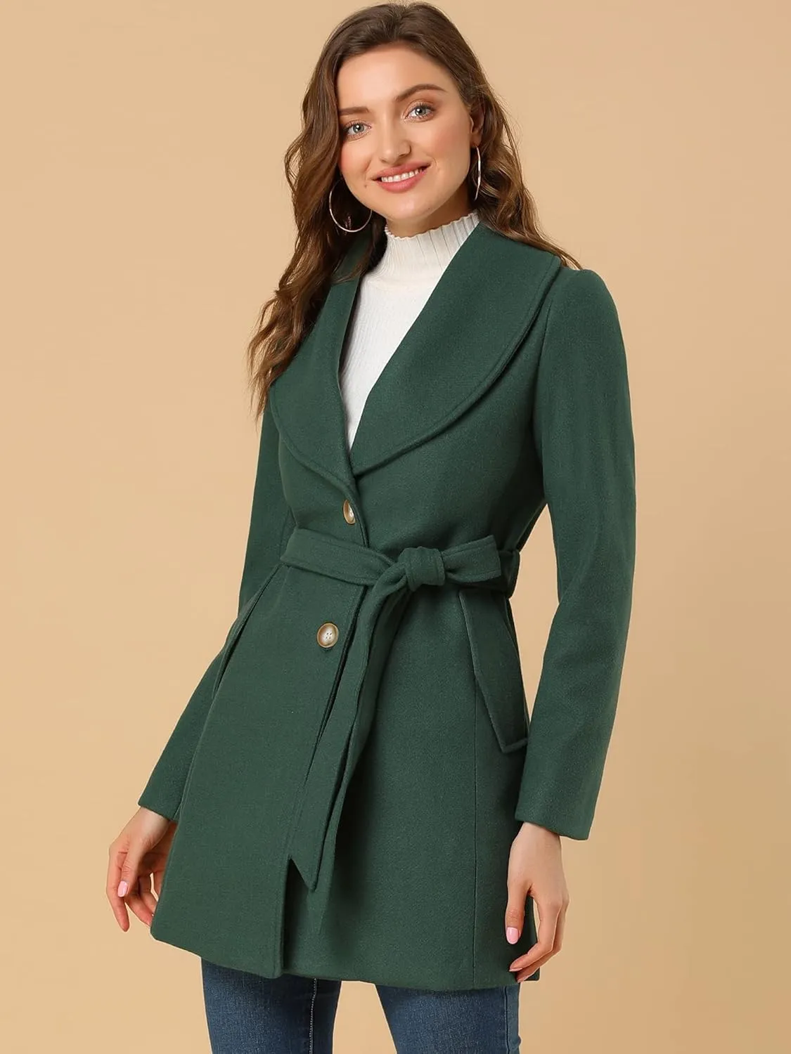Allegra K Women's 2024 Winter Coat Shawl Collar Belted Single Breasted Overcoats