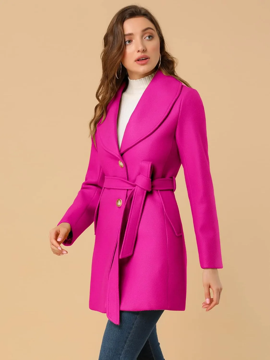 Allegra K Women's 2024 Winter Coat Shawl Collar Belted Single Breasted Overcoats
