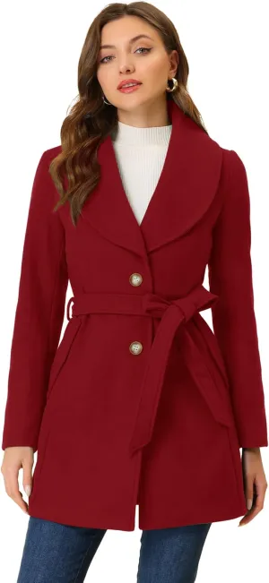 Allegra K Women's 2024 Winter Coat Shawl Collar Belted Single Breasted Overcoats
