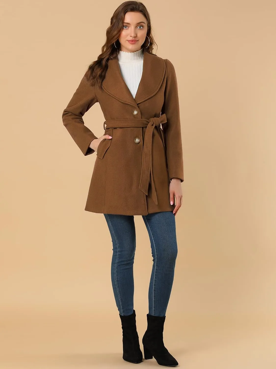 Allegra K Women's 2024 Winter Coat Shawl Collar Belted Single Breasted Overcoats