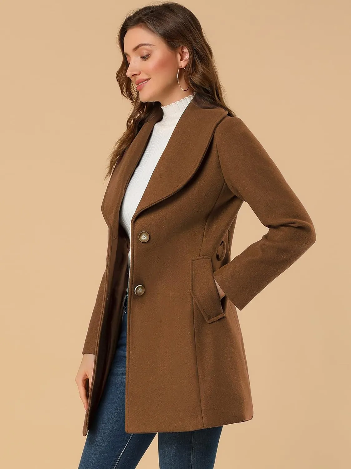 Allegra K Women's 2024 Winter Coat Shawl Collar Belted Single Breasted Overcoats