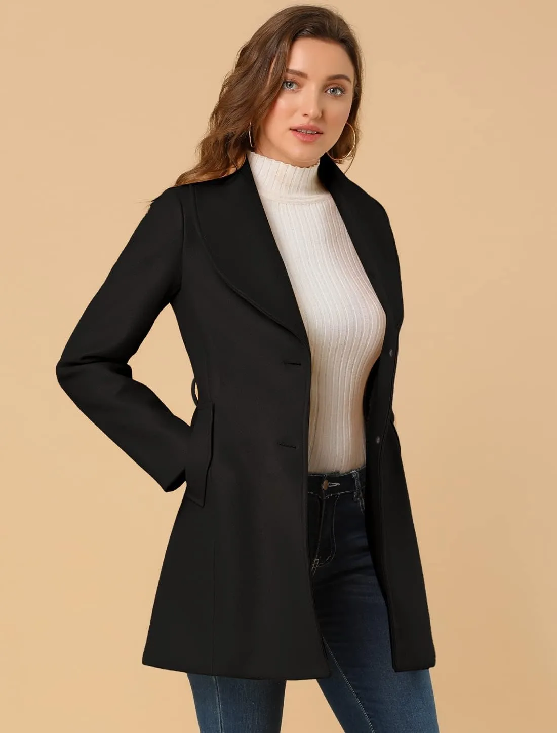 Allegra K Women's 2024 Winter Coat Shawl Collar Belted Single Breasted Overcoats