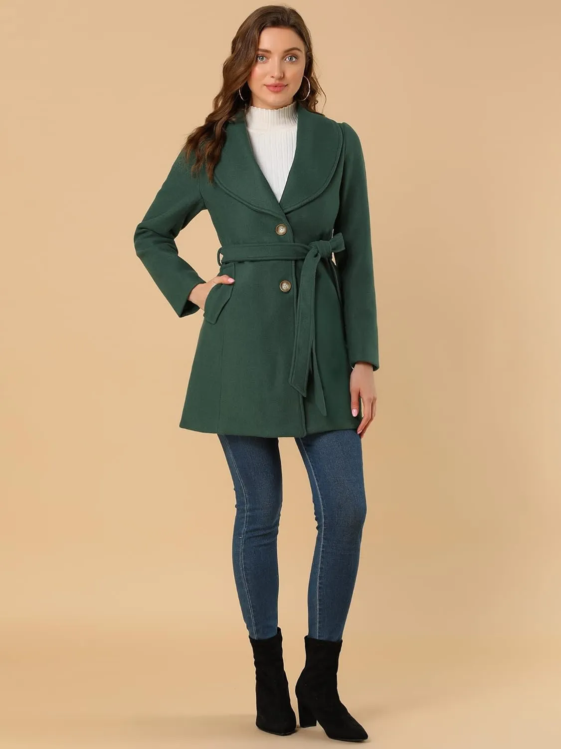 Allegra K Women's 2024 Winter Coat Shawl Collar Belted Single Breasted Overcoats
