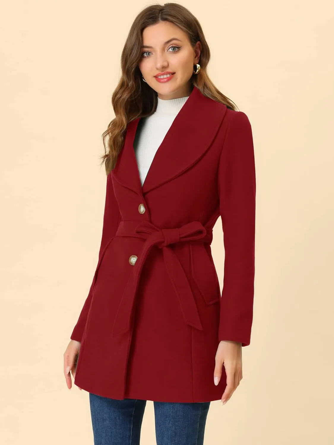 Allegra K Women's 2024 Winter Coat Shawl Collar Belted Single Breasted Overcoats