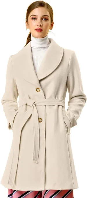 Allegra K Women's 2024 Winter Coat Shawl Collar Belted Single Breasted Overcoats