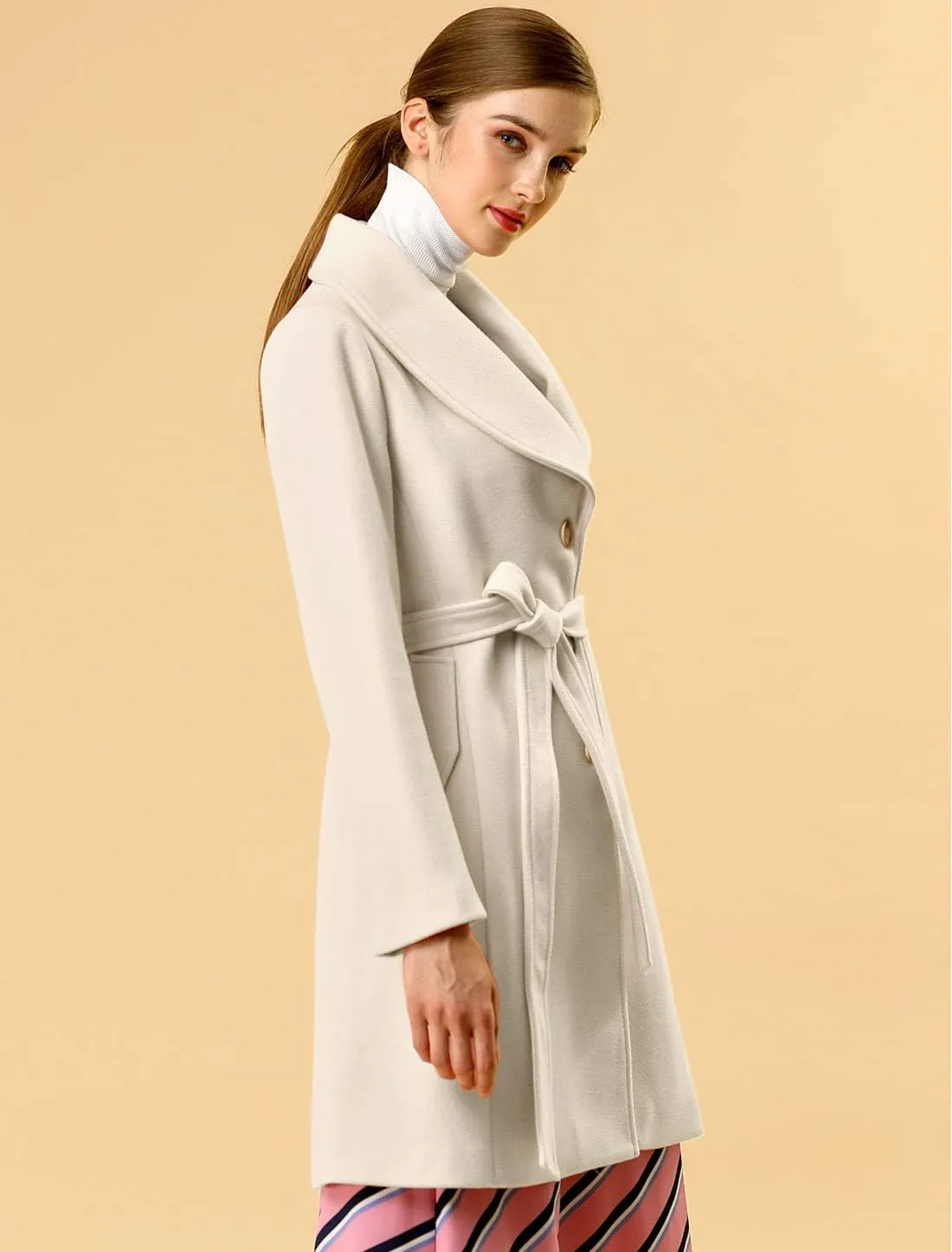 Allegra K Women's 2024 Winter Coat Shawl Collar Belted Single Breasted Overcoats