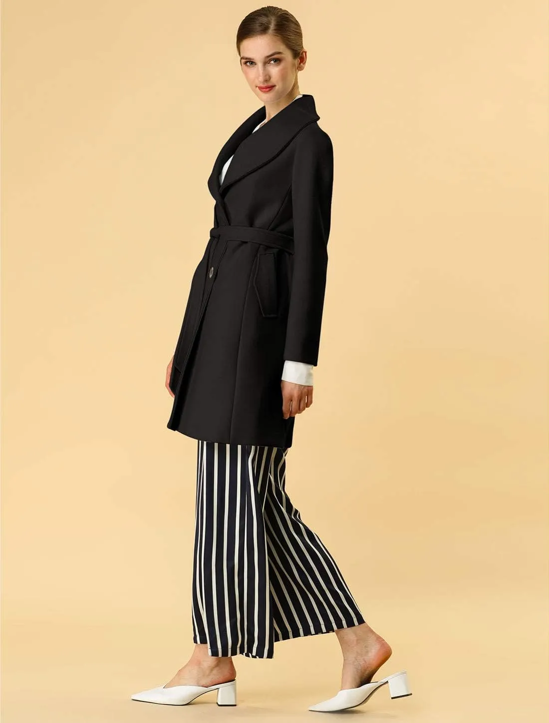 Allegra K Women's 2024 Winter Coat Shawl Collar Belted Single Breasted Overcoats