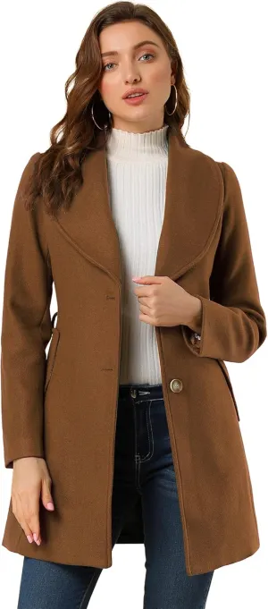 Allegra K Women's 2024 Winter Coat Shawl Collar Belted Single Breasted Overcoats