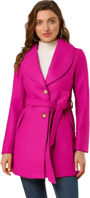 Allegra K Women's 2024 Winter Coat Shawl Collar Belted Single Breasted Overcoats