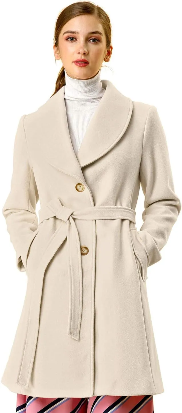 Allegra K Women's 2024 Winter Coat Shawl Collar Belted Single Breasted Overcoats