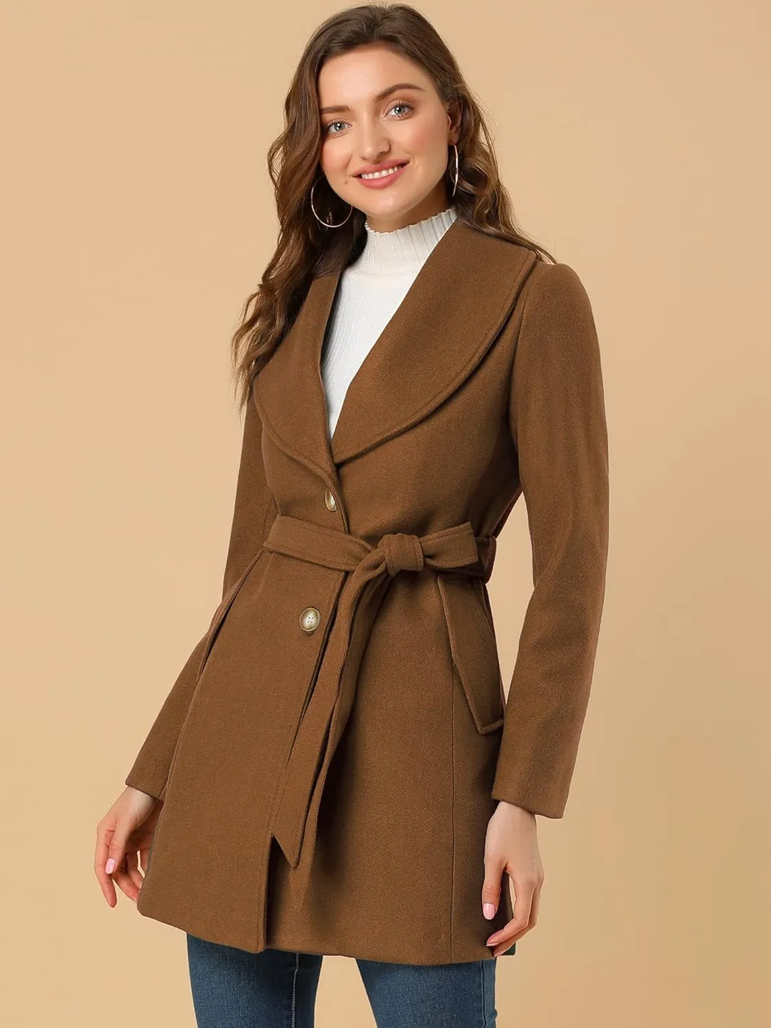 Allegra K Women's 2024 Winter Coat Shawl Collar Belted Single Breasted Overcoats