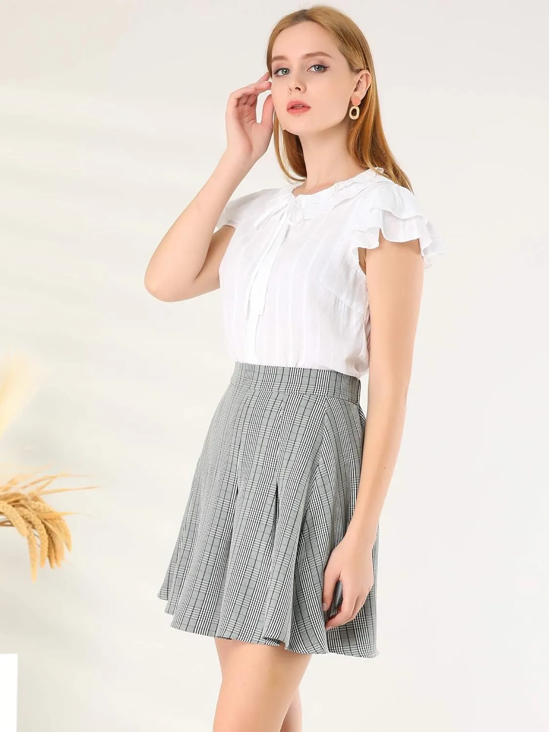Allegra K Women's Plaid Pleated Skirt Check a Line High Waist Work Mini Skirts