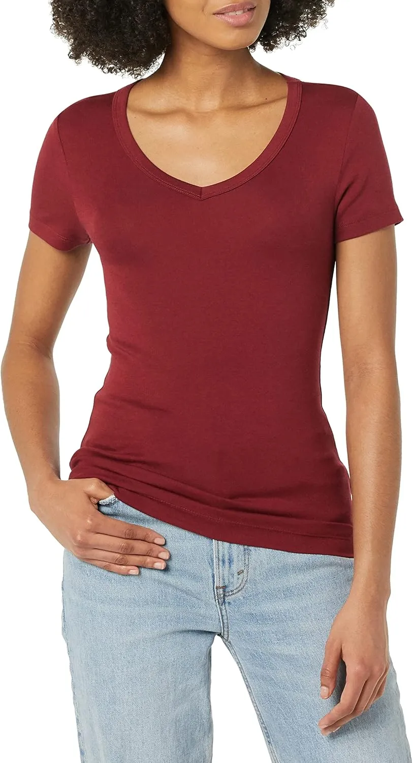 Amazon Essentials Women's Slim-Fit Short-Sleeve V-Neck T-Shirt, Pack of 2