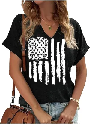 American Flag Shirts Women 4th of July V-Neck Short Sleeve Patriotic T-Shirt Color Block Short Sleeve Summer Tops