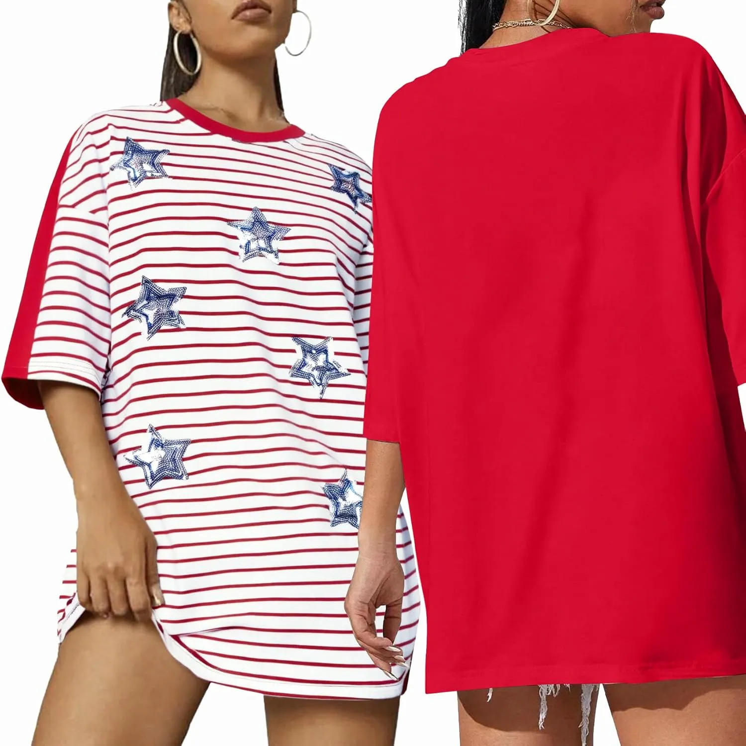 American Flag Stripe Shirt for Women 4th of July T Shirts USA Flag Tees Patriotic Sequin Stars Oversized Casual Tee Tops
