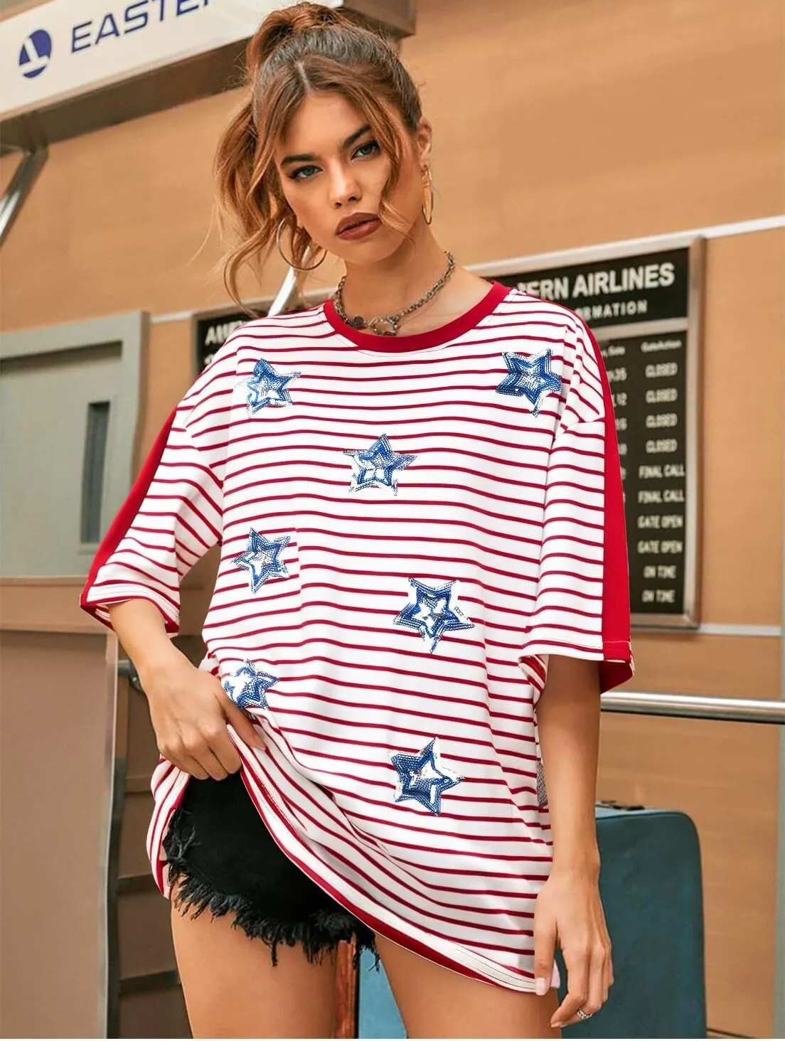 American Flag Stripe Shirt for Women 4th of July T Shirts USA Flag Tees Patriotic Sequin Stars Oversized Casual Tee Tops